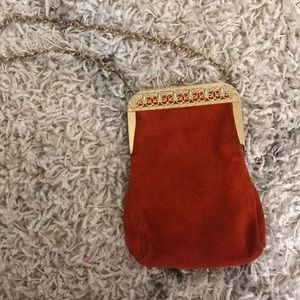 Vintage-Inspired Red Suede Mini Crossbody Bag with Gold Frame
